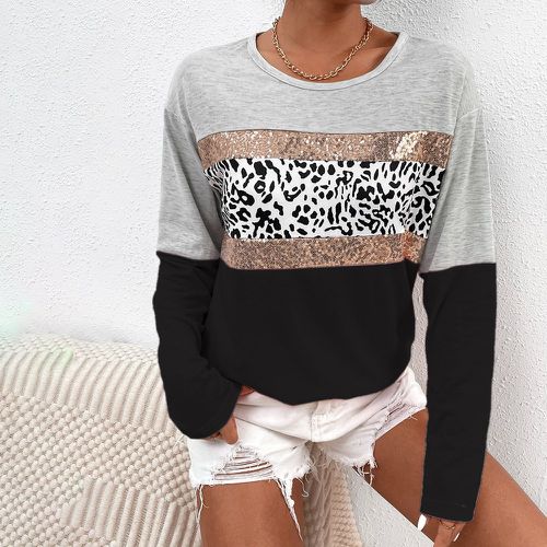 T-shirt léopard à paillettes à blocs de couleurs - SHEIN - Modalova