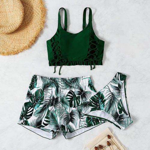 Bikini à imprimé végétale à lacets à plis avec shorts de plage - SHEIN - Modalova