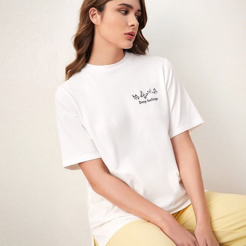 T-shirt à motif lettre et papillon à imprimé à col montant - SHEIN - Modalova