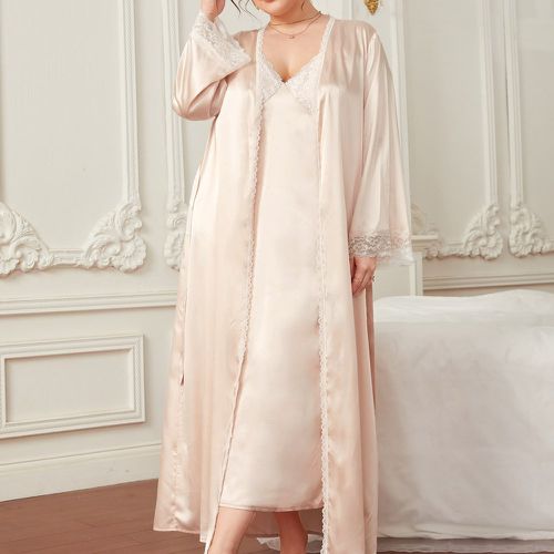 Ensemble de pyjama robe à fines brides et peignoir ceinturé en satin avec dentelle - SHEIN - Modalova