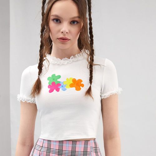 T-shirt court à col montant à imprimé floral en dentelle à fronces - SHEIN - Modalova