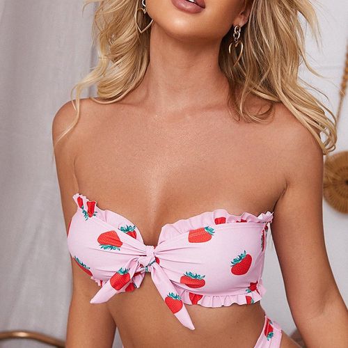 Haut de bikini bandeau à imprimé fraise à plis - SHEIN - Modalova