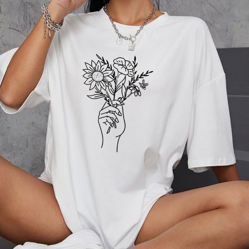 T-shirt oversize fleuri et à imprimé main - SHEIN - Modalova