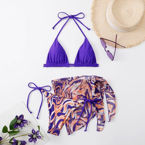 Bikini triangulaire ras-du-cou à imprimé avec jupe de plage - SHEIN - Modalova