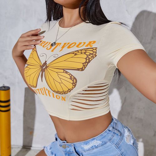 T-shirt court déchiré à motif lettre et papillon - SHEIN - Modalova
