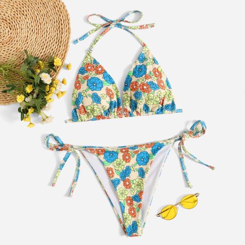 Bikini à imprimé floral triangulaire ras-du-cou à nœud - SHEIN - Modalova