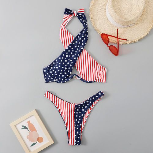 Bikini à armatures à imprimé drapeau américain croisé à nœud - SHEIN - Modalova