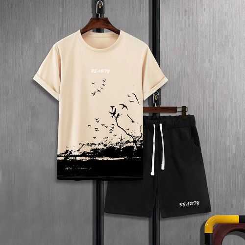 T-shirt à imprimé lettre et oiseaux & Short à cordon - SHEIN - Modalova