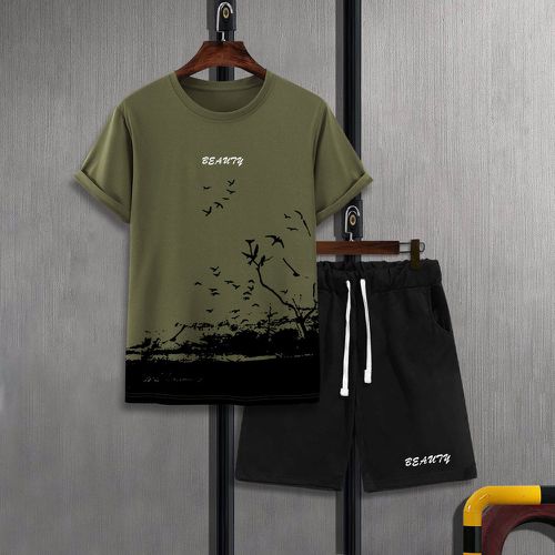 T-shirt à imprimé oiseaux et lettre & Short à cordon - SHEIN - Modalova
