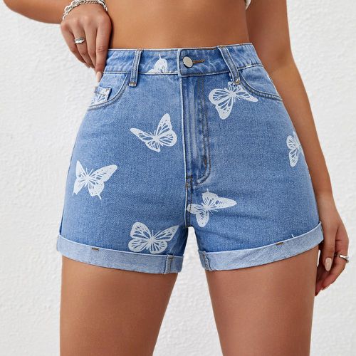 Short en jean à imprimé papillon à ourlet roulé - SHEIN - Modalova