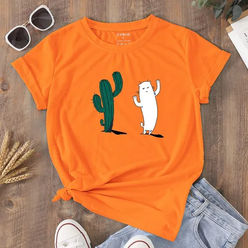 T-shirt à motif cactus et dessin animé - SHEIN - Modalova