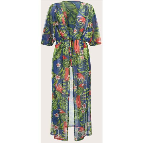 Kimono à imprimé tropical ceinturé en tulle - SHEIN - Modalova