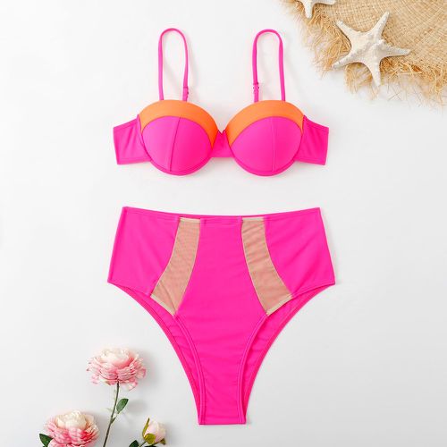 Bikini push-up taille haute à blocs de couleurs avec tulle - SHEIN - Modalova