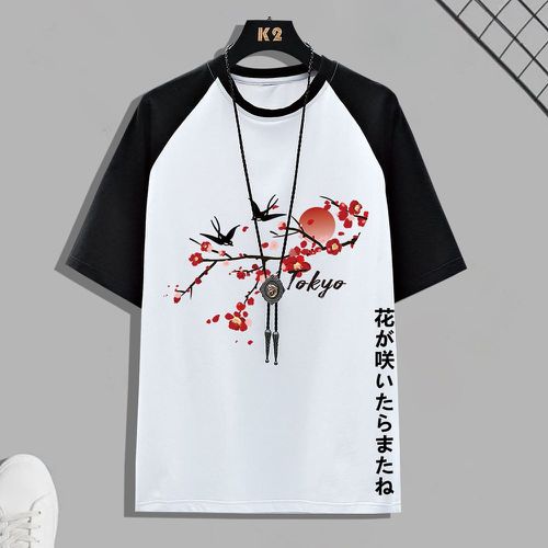 T-shirt fleuri & lettre japonaise contrastant manches raglan - SHEIN - Modalova