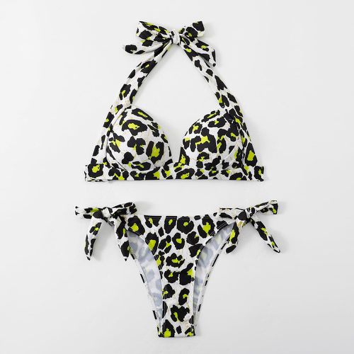 Bikini léopard ras-du-cou push-up à nœud - SHEIN - Modalova