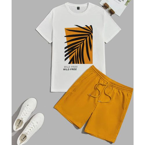 T-shirt à imprimé slogan et tropical & Short à cordon - SHEIN - Modalova