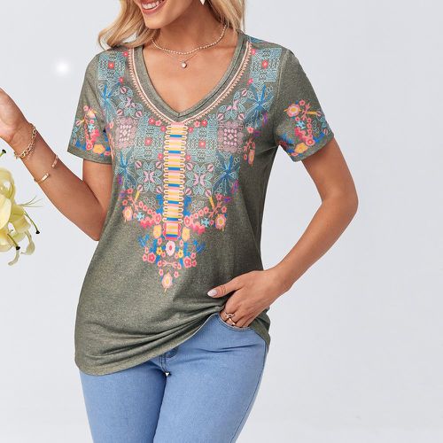 T-shirt à imprimé floral col en V - SHEIN - Modalova