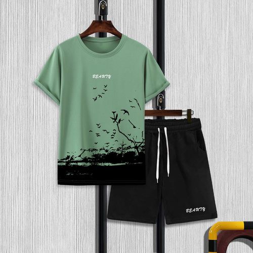 Lettre & à imprimé oiseaux T-shirt & à cordon Short - SHEIN - Modalova
