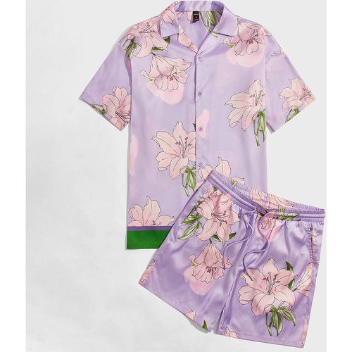 Chemise à imprimé floral à bordure contrastante & Short à cordon - SHEIN - Modalova