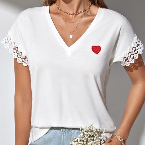 T-shirt à broderie cœur en dentelle à manches chauve-souris - SHEIN - Modalova
