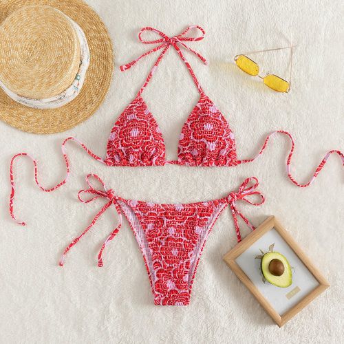 Bikini floral aléatoire à imprimé froncé ras-du-cou triangulaire à nœud - SHEIN - Modalova