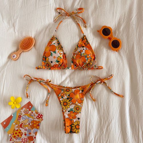 Bikini floral aléatoire à imprimé ras-du-cou triangulaire à nœud - SHEIN - Modalova