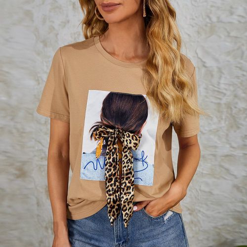 T-shirt à motif figure et lettre à léopard à nœud - SHEIN - Modalova