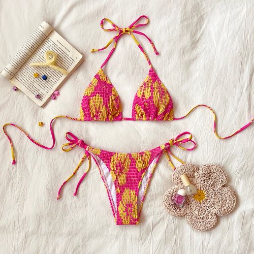 Bikini à imprimé floral froncé ras-du-cou triangulaire à nœud - SHEIN - Modalova