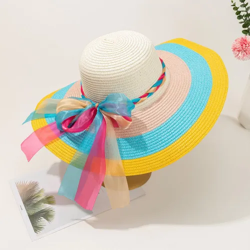 Chapeau de paille à blocs de couleurs à détail foulard - SHEIN - Modalova