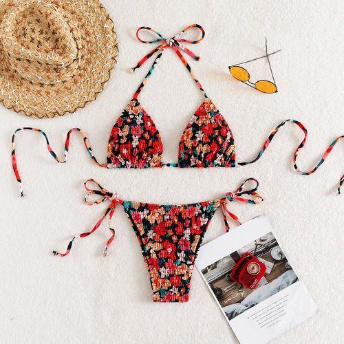 Bikini à imprimé floral aléatoire froncé ras-du-cou triangulaire à nœud - SHEIN - Modalova