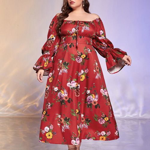 Robe froncée à imprimé floral col bardot à nœud à manches évasées - SHEIN - Modalova
