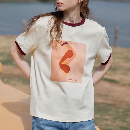 T-shirt à liséré contrastant lettre et figure - SHEIN - Modalova