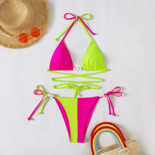 Bikini bicolore croisé micro triangulaire à nœud - SHEIN - Modalova