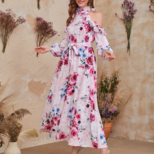 Pièce Robe ceinturée à imprimé floral à épaules dénudées à volants - SHEIN - Modalova