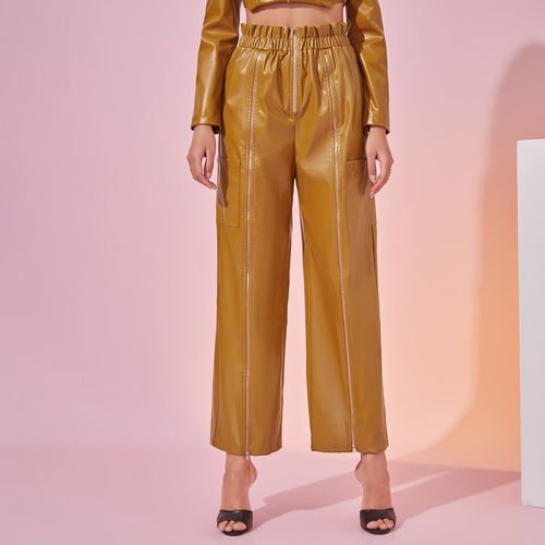 Pantalon droit zippé à taille froncée en cuir PU - SHEIN - Modalova