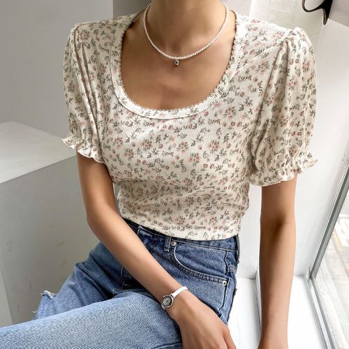 T-shirt à imprimé floral manches bouffantes - SHEIN - Modalova