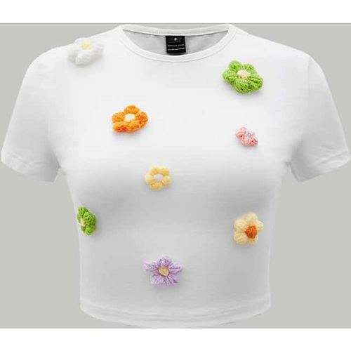 T-shirt à applique fleurie col rond - SHEIN - Modalova