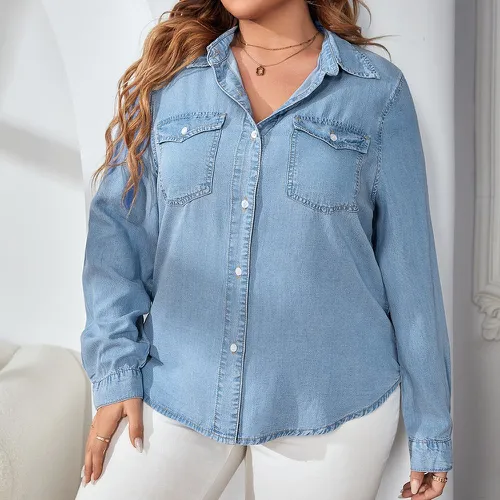 Chemise en jean poche à rabat - SHEIN - Modalova