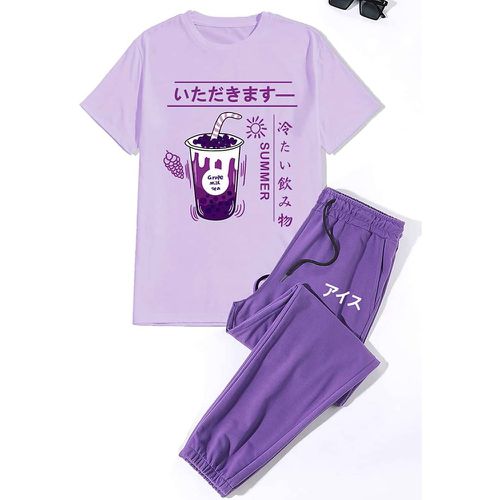 T-shirt avec imprimé lettre japonais et boisson & Pantalon de survêtement à cordon - SHEIN - Modalova