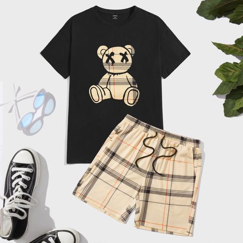 T-shirt à carreaux à imprimé ours & Short à cordon - SHEIN - Modalova