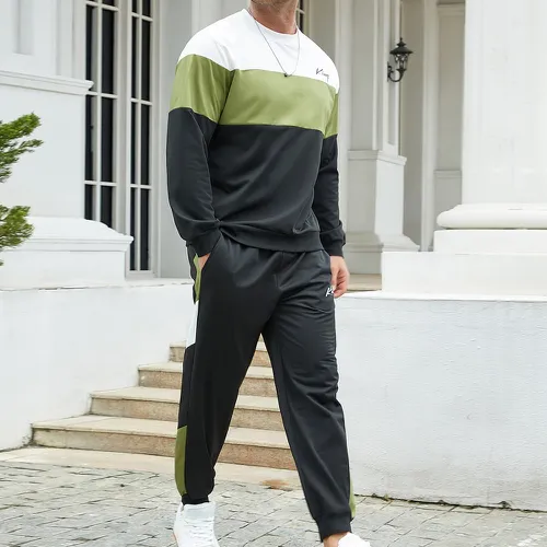 Pantalon de survêtement & Sweat-shirt à lettres à blocs de couleurs - SHEIN - Modalova