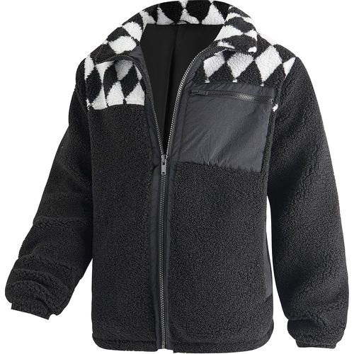 Manteau duveteux à imprimé géométrique zippé - SHEIN - Modalova