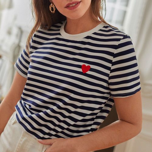 T-shirt à rayures à broderie cœur - SHEIN - Modalova