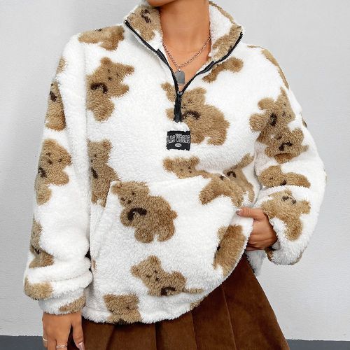 Sweat-shirt à motif d'ours à applique lettre à poche kangourou en tissu duveteux - SHEIN - Modalova