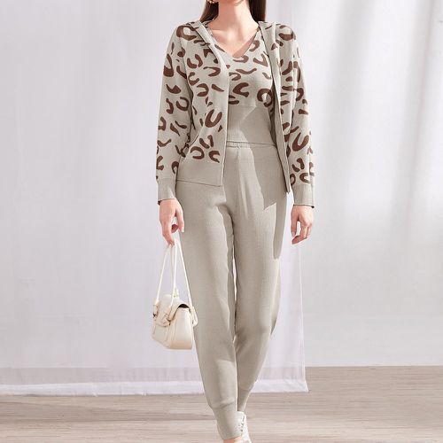 Cardigan à motif léopard & Pull sans manches & pantalon en tricot - SHEIN - Modalova
