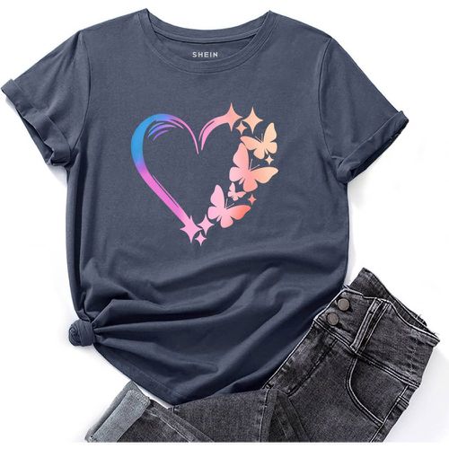 T-shirt à imprimé cœur et papillon - SHEIN - Modalova