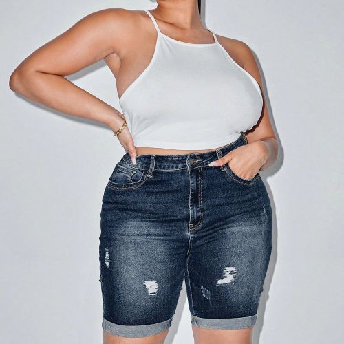 Short en jean taille haute déchiré ourlet roulé - SHEIN - Modalova