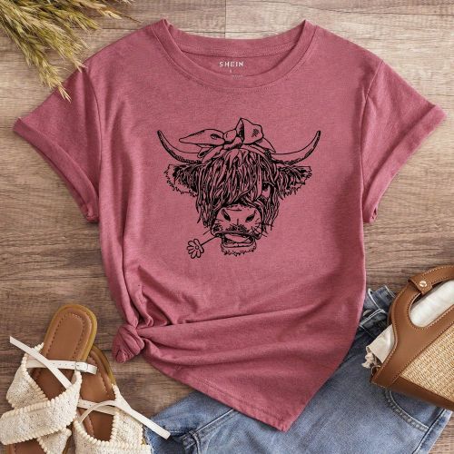 T-shirt imprimé vache, hauts graphiquess - SHEIN - Modalova