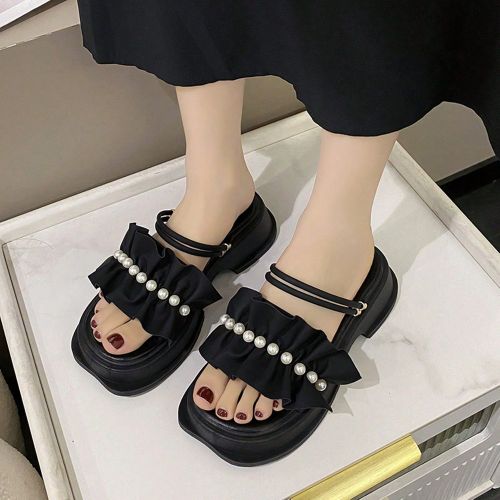 Sandales à talon compensé avec semelle épaisses, avec décoration de faux perles et bord à volants, Sandales à talons compensés à plateformes p - SHEIN - Modalova