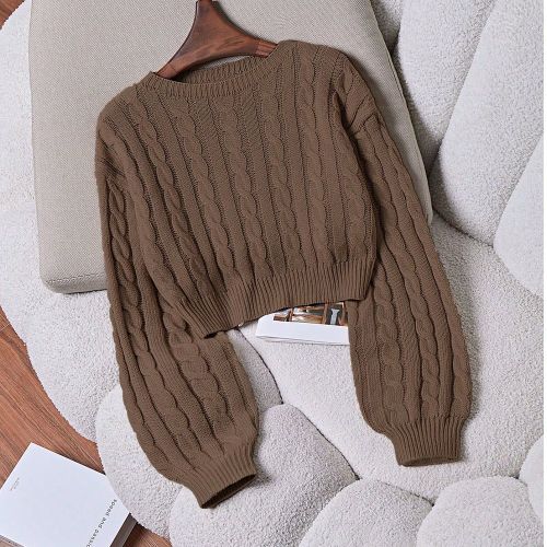 Pull col rond de couleur unie avec motif torsadé, casual et polyvalent, manches longues - SHEIN - Modalova